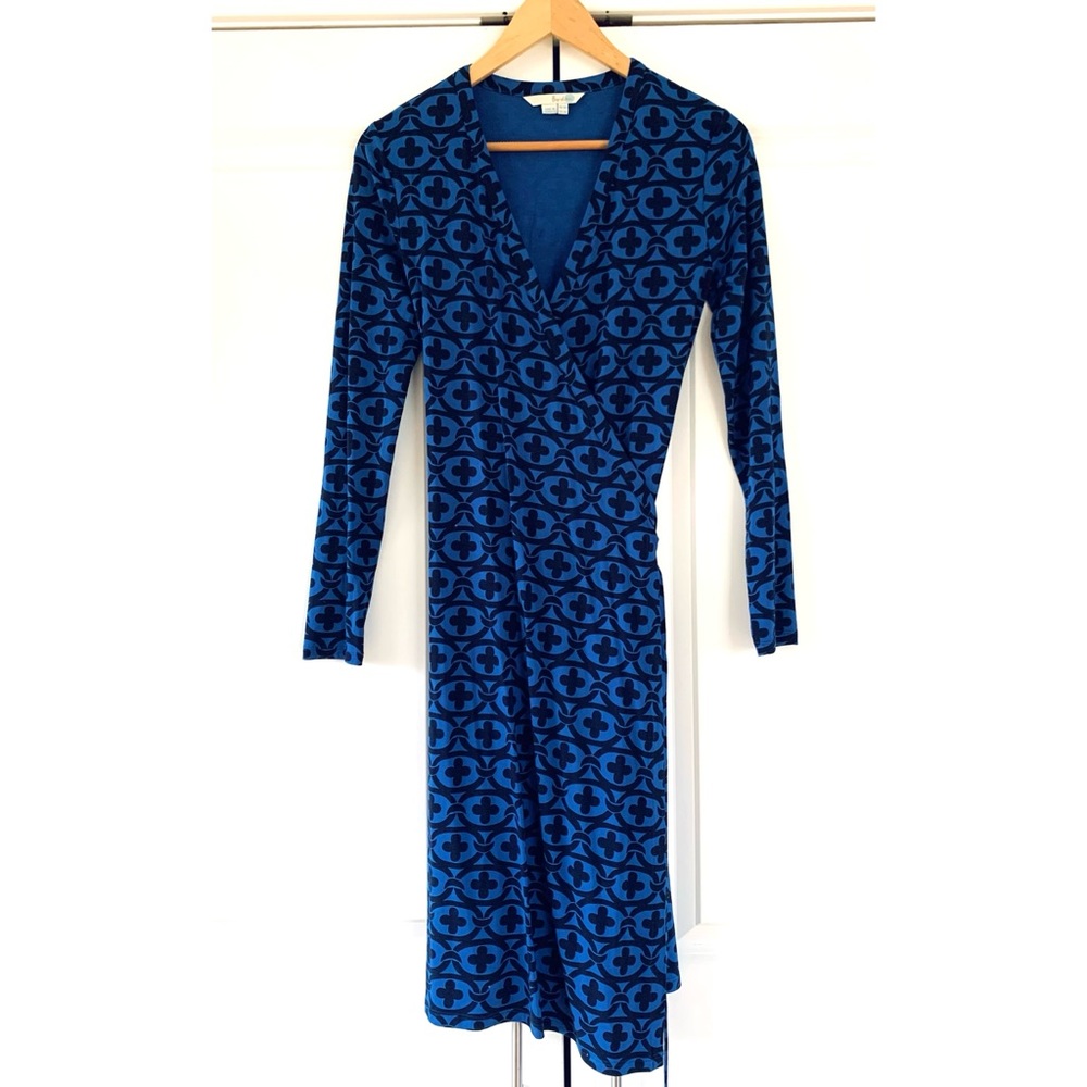 Boden Wrap Dress Blue Jersey Print Long Sleeve Stretch Printed Size 2